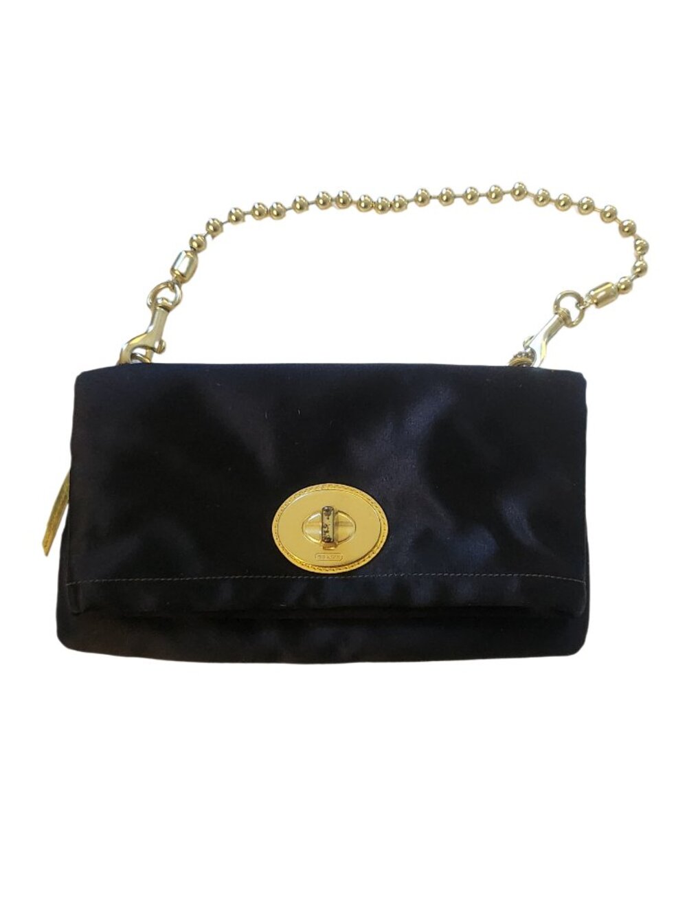 Coach Amanda Black Satin Foldover Clutch Gold Chain 12926